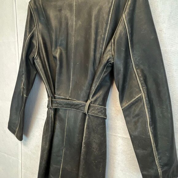 WILSONS LEATHER Maxima Jacket Women’s Large Black Button Up Belted Trench Long - Picture 11 of 11